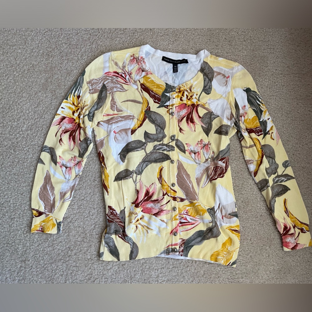 White House Black Market Yellow Floral Button-Front Cardigan